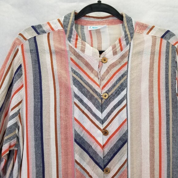 National Linen Tunic L Button Up Camp Shirt Chevron Mandarin Collar Wood Button - Picture 3 of 16